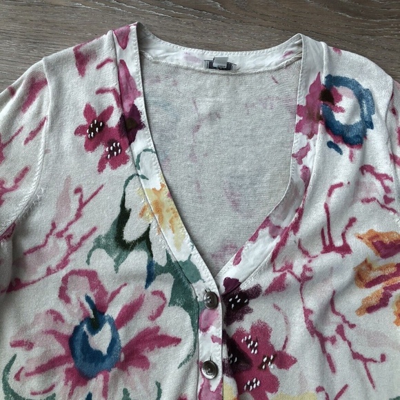 J. Jill Tan & Multi-Colored Floral Linen Blend Button Up 3/4 Sleeve Card… - Picture 5 of 10